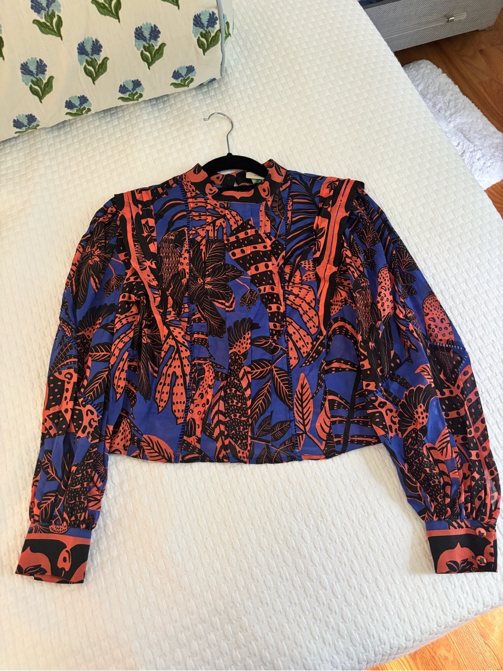 FARM Rio Blue & Coral Tropical Print Long-Sleeve Blouse